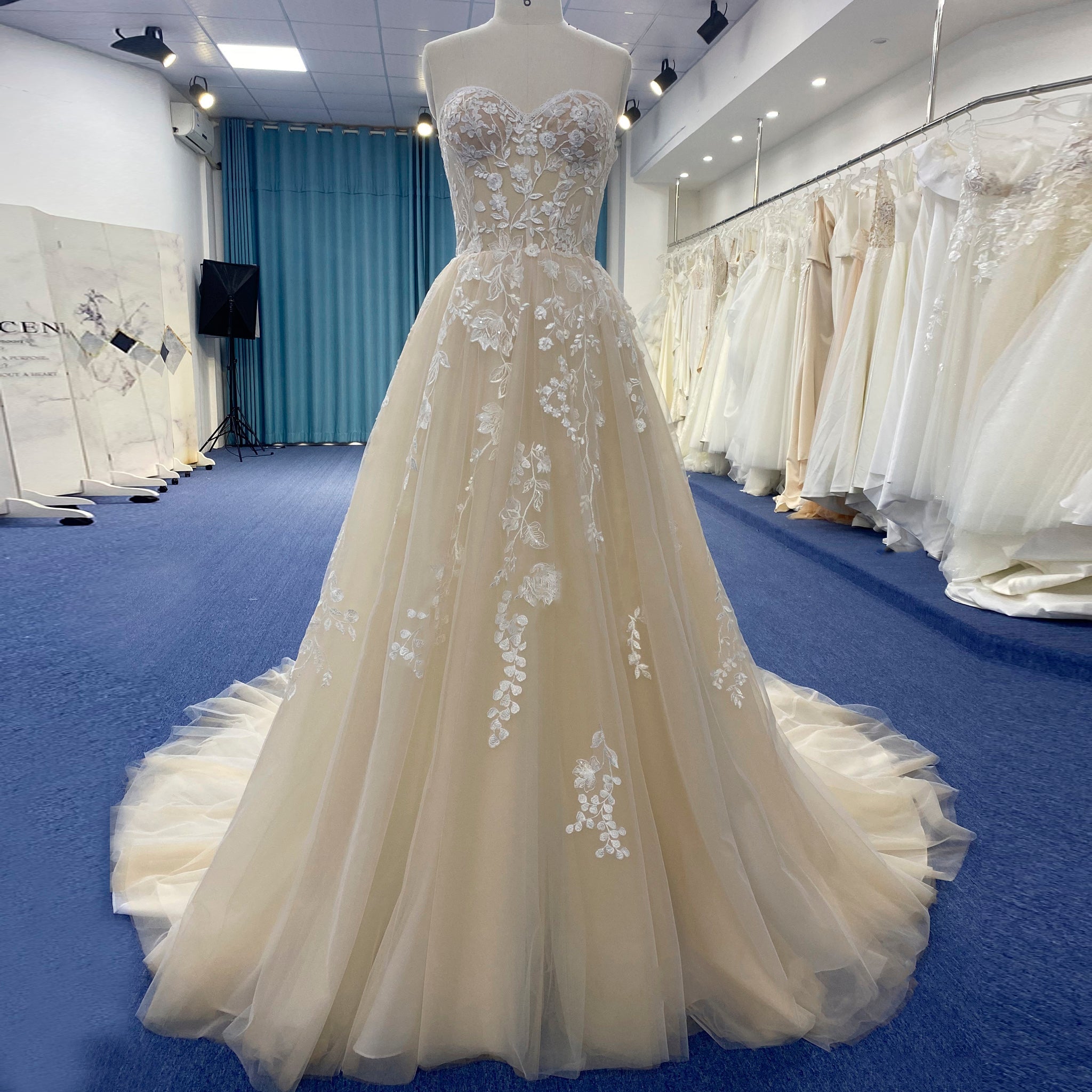 Strapless A-line Champagne Tulle Lace Wedding Dress with Sweetheart - Rosymae