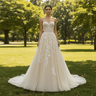Strapless A-line Champagne Tulle Lace Wedding Dress with Sweetheart - Rosymae