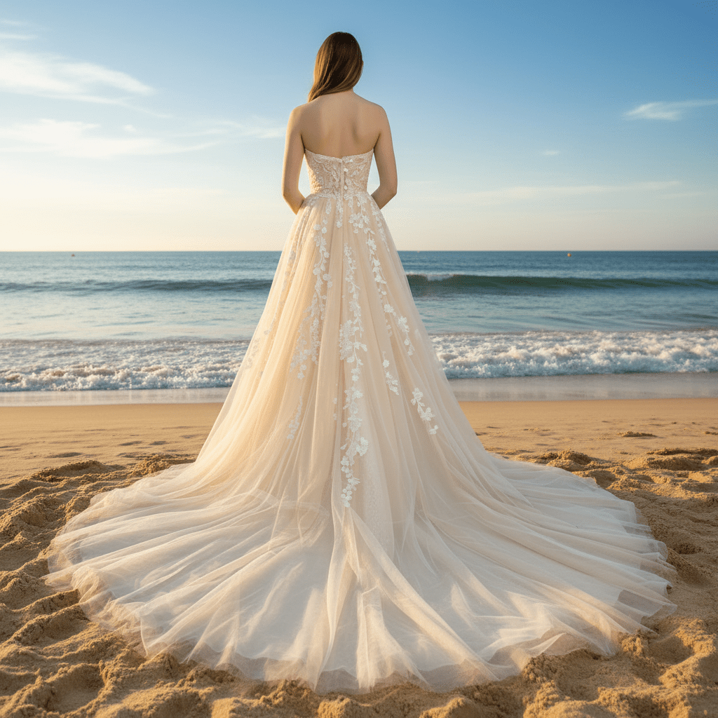 Strapless A-line Champagne Tulle Lace Wedding Dress with Sweetheart - Rosymae
