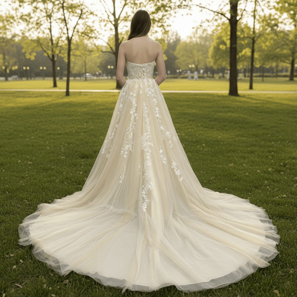 Strapless A-line Champagne Tulle Lace Wedding Dress with Sweetheart - Rosymae
