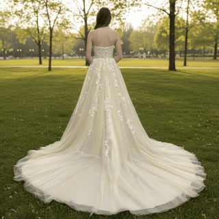 Strapless A-line Champagne Tulle Lace Wedding Dress with Sweetheart - Rosymae