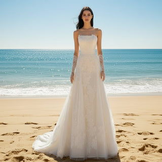 Strapless A-line Lace Beach Wedding Dress with Straight Neckline Champagne / 18