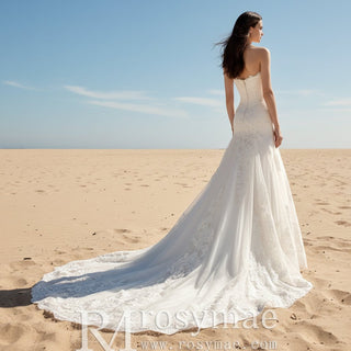 Strapless A-line Lace Beach Wedding Dress with Straight Neckline - Rosymae