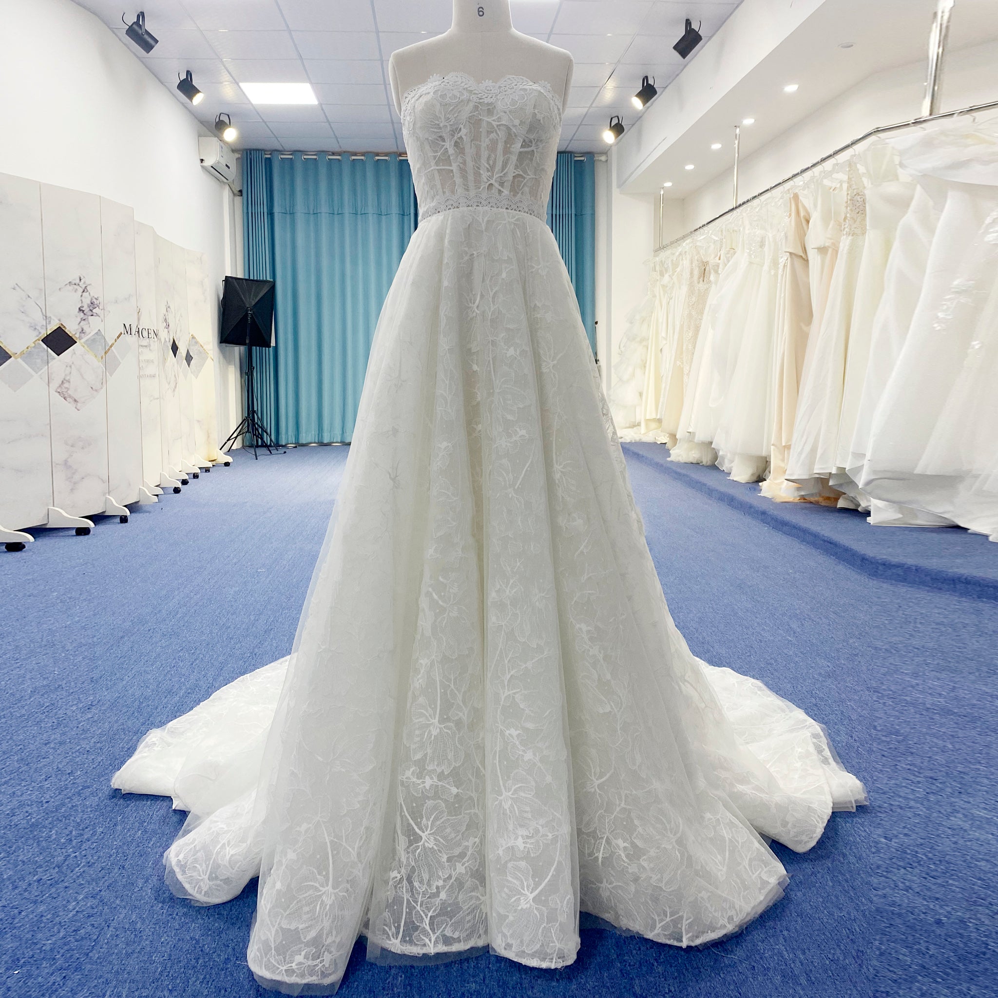 Strapless Tulle Lace Overlay A-line Wedding Dress with Sheer Bodice White / 20W Strapless Tulle Lace Overlay A-line Wedding Dress with Sheer Bodice White / 20W