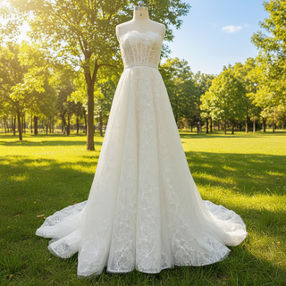 Strapless Tulle Lace Overlay A-line Wedding Dress with Sheer Bodice