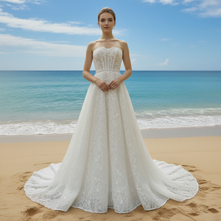 Strapless Tulle Lace Overlay A-line Wedding Dress with Sheer Bodice
