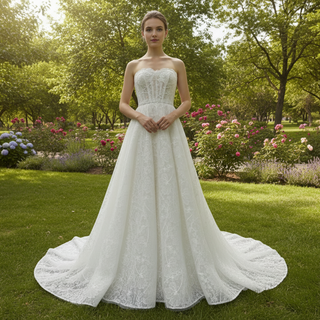 Strapless Tulle Lace Overlay A-line Wedding Dress with Sheer Bodice