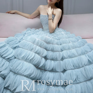 Strapless A-line Light Blue Prom Dresses Party Gown with Puffy Skirt