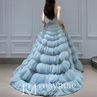 Strapless A-line Light Blue Prom Dresses Party Gown with Puffy Skirt