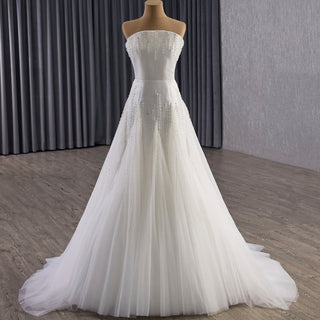 Strapless A-Line Princess Wedding Dress with Sheer Bodice Lattice Beadwork - Rosymae
