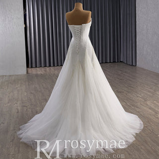 Strapless A-Line Princess Wedding Dress with Sheer Bodice Lattice Beadwork - Rosymae