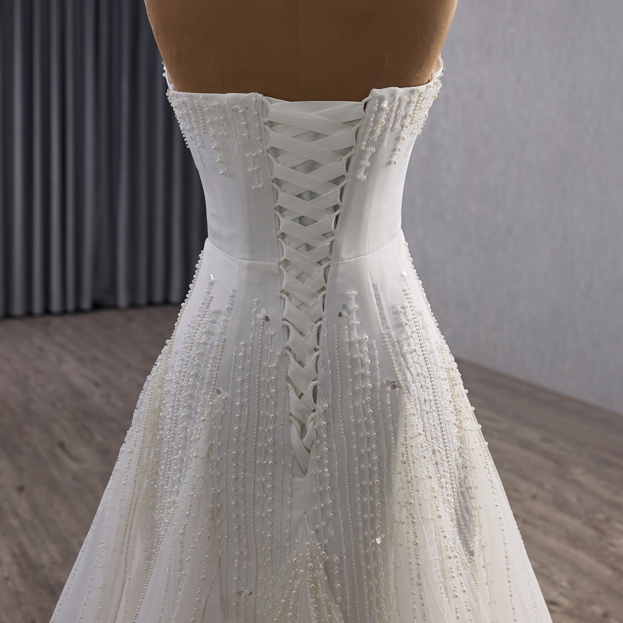 Strapless A-Line Princess Wedding Dress with Sheer Bodice Lattice Beadwork - Rosymae