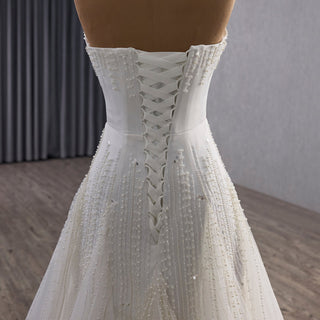 Strapless A-Line Princess Wedding Dress with Sheer Bodice Lattice Beadwork - Rosymae