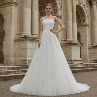 Strapless A-Line Princess Wedding Dress with Sheer Bodice Lattice Beadwork - Rosymae