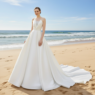 Low Back Strapless Satin A-line Wedding Dress with Beading