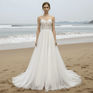Strapless A-line Sweetheart Tulle Wedding Dress with Lace Bodice - Rosymae