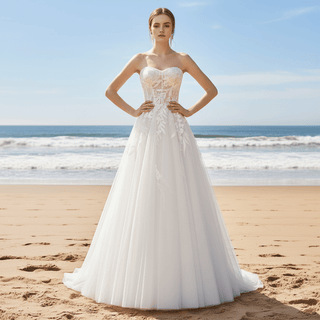 Strapless A-Line Tulle Wedding Dress with Curve Neckline - Rosymae
