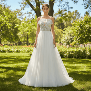 Strapless A-line Tulle Wedding Dress with Sheer Bodice - Rosymae