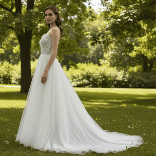 Strapless A-line Tulle Wedding Dress with Sheer Bodice - Rosymae