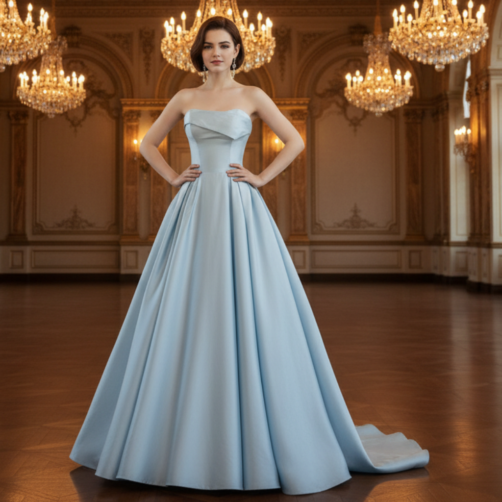 Strapless Baby Blue Satin Bridal Gown Wedding Dress with Pocket Rosymae Strapless Baby Blue Satin Bridal Gown Wedding Dress with Pocket Rosymae
