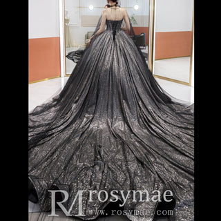 Ball Gown Strapless Black Wedding Dresses with Cape