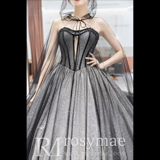 Ball Gown Strapless Black Wedding Dresses with Cape