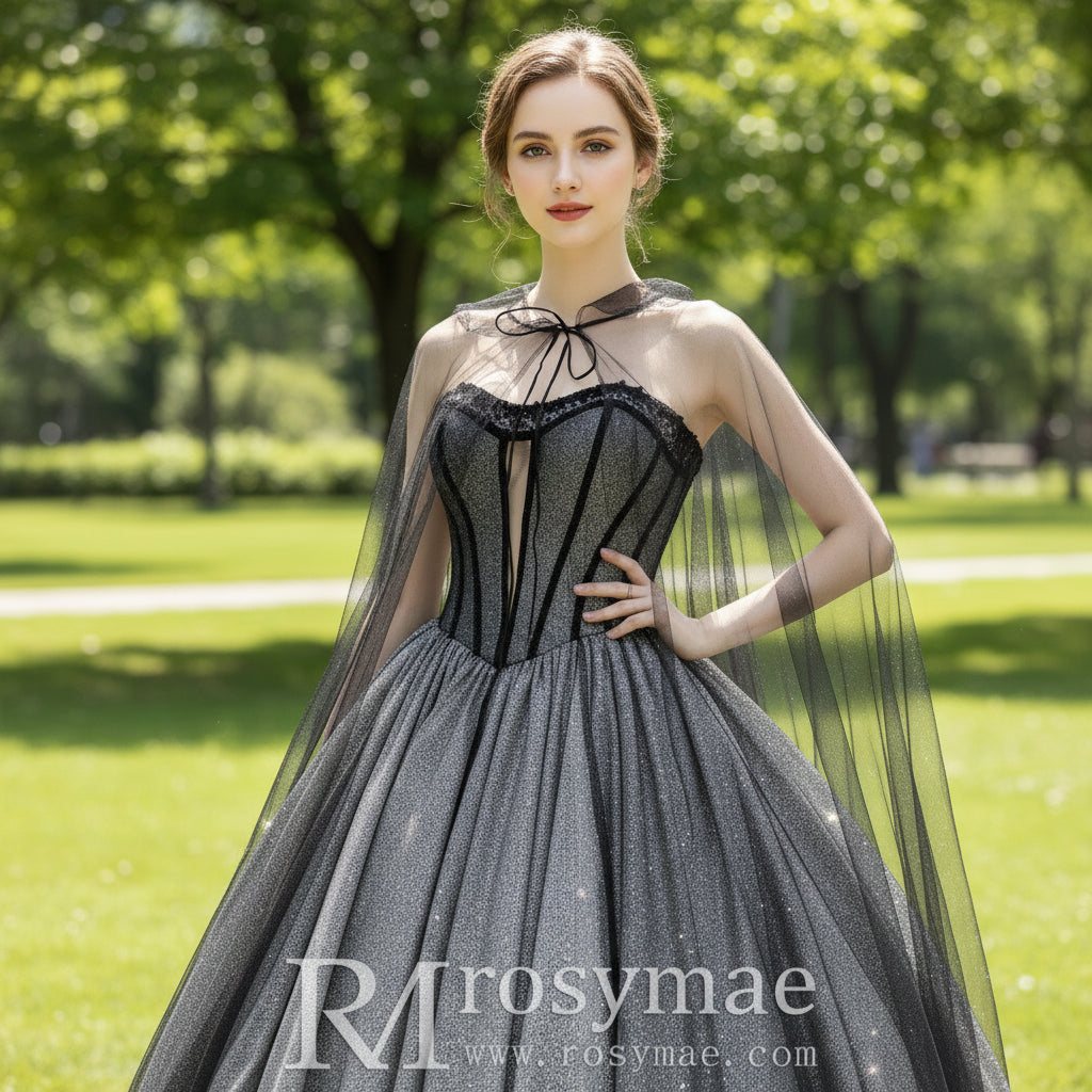 Ball Gown Strapless Black Wedding Dresses with Cape Rosymae Ball Gown Strapless Black Wedding Dresses with Cape Rosymae