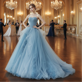 Strapless Sky Blue Ball Gown Evening Dress Prom Party Gown