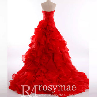 Strapless Ball Gown Layered Ruffle Wedding Dress with Sweetheart - Rosymae