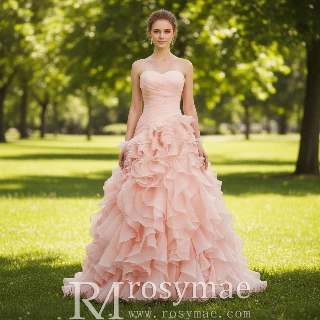 Strapless Ball Gown Layered Ruffle Wedding Dress with Sweetheart - Rosymae