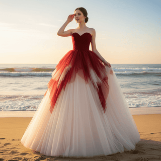 Strapless Ball Gown Red and White Wedding Dress with Sweetheart - Rosymae