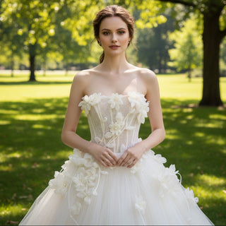 Strapless Ball Gown Wedding Dresses with 3D Flowers Bridal Gowns - Rosymae