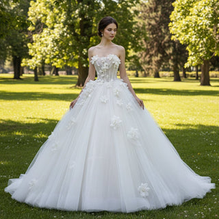Strapless Ball Gown Wedding Dresses with 3D Flowers Bridal Gowns - Rosymae