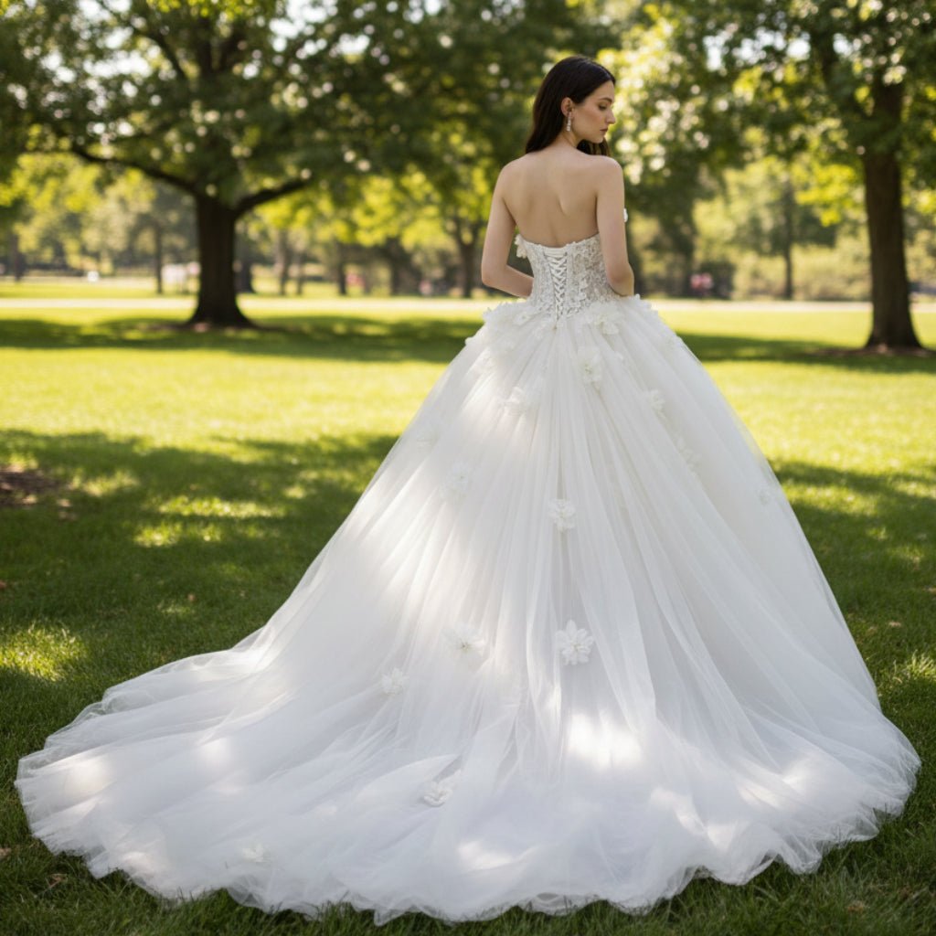 Strapless Ball Gown Wedding Dresses with 3D Flowers Bridal Gowns - Rosymae
