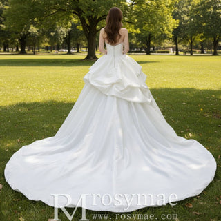 Strapless Ballgown Satin Vneck Wedding Dress with Ruffle Skirt - Rosymae