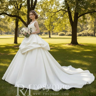 Strapless Ballgown Satin Vneck Wedding Dress with Ruffle Skirt - Rosymae