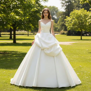 Strapless Ballgown Satin Vneck Wedding Dress with Ruffle Skirt - Rosymae