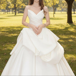 Strapless Ballgown Satin Vneck Wedding Dress with Ruffle Skirt - Rosymae