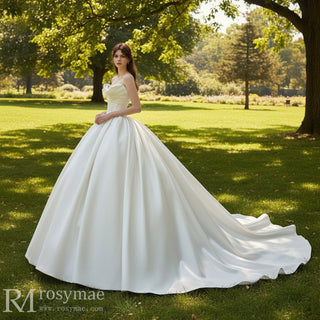 Strapless Basque Waist Ball Gown Satin Wedding Dresses with Sweetheart - Rosymae