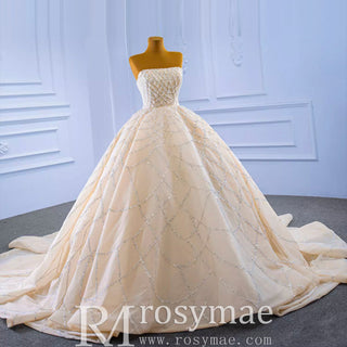Strapless Beaded Champagne Ball Gown Wedding Dress - Rosymae