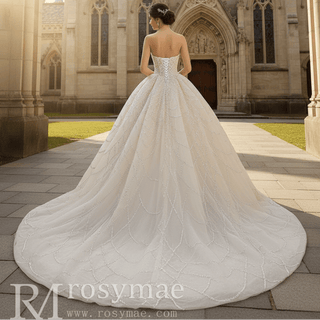 Strapless Beaded Champagne Ball Gown Wedding Dress - Rosymae