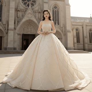 Strapless Beaded Champagne Ball Gown Wedding Dress - Rosymae