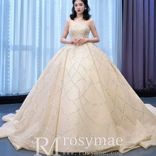 Strapless Beaded Champagne Ball Gown Wedding Dress - Rosymae