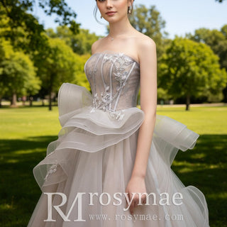 Strapless Beaded Lace Ruffle Country Wedding Dresses in Grey - Rosymae
