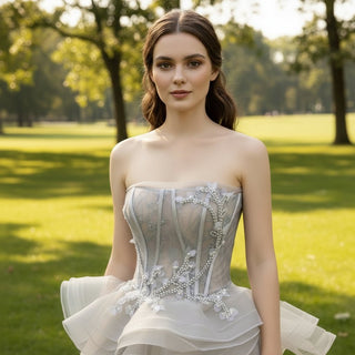 Strapless Beaded Lace Ruffle Country Wedding Dresses in Grey - Rosymae