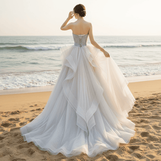 Strapless Beaded Lace Ruffle Country Wedding Dresses in Grey - Rosymae