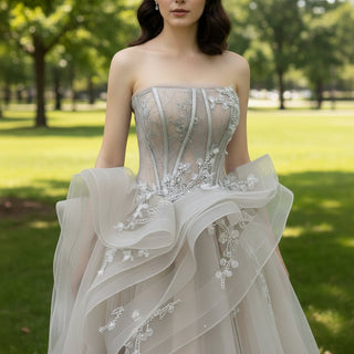 Strapless Beaded Lace Ruffle Country Wedding Dresses in Grey - Rosymae
