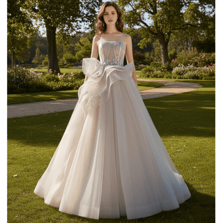 Strapless Beaded Lace Ruffle Country Wedding Dresses in Grey - Rosymae