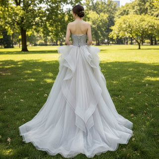 Strapless Beaded Lace Ruffle Country Wedding Dresses in Grey - Rosymae