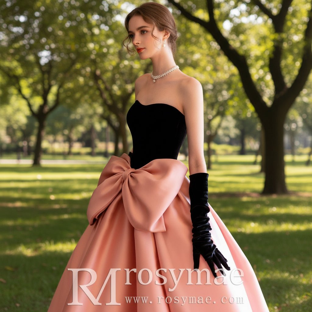 Strapless Black and Pink Wedding Dress with Bowknot Custom Color / 10